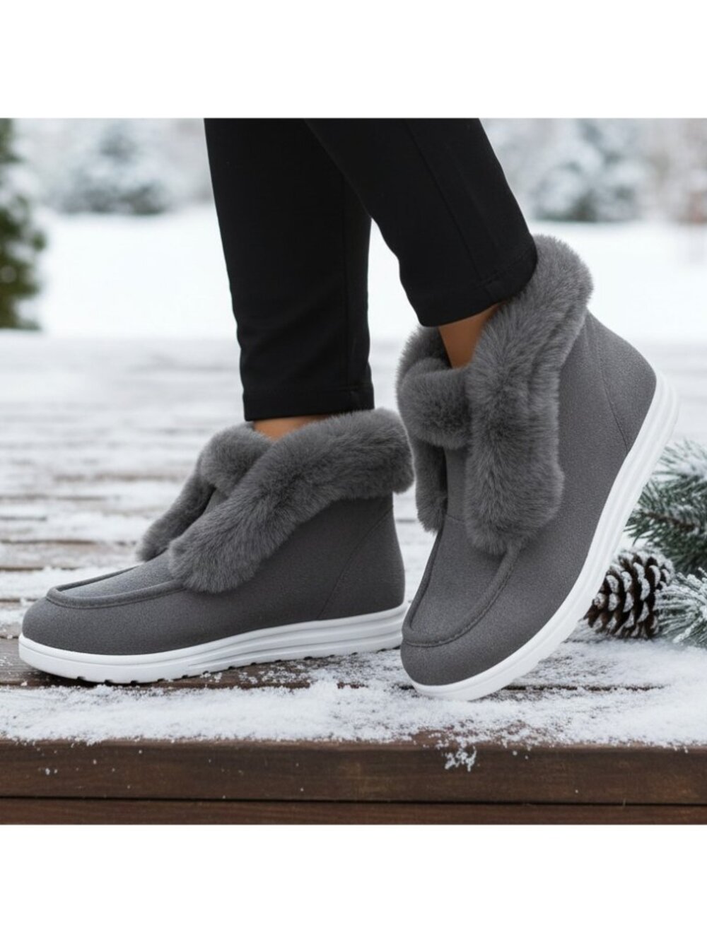 Plush Faux Fur Trim Round Moc Toe Slip-On Ankle Boots Fluffy Winter Bootie Shoes